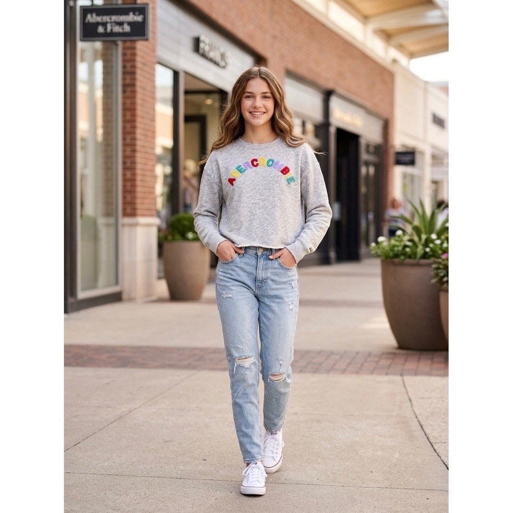 Abercrombie Kids Girls Gray Cropped Rainbow Logo Fleece Sweatshirt Size 13/14